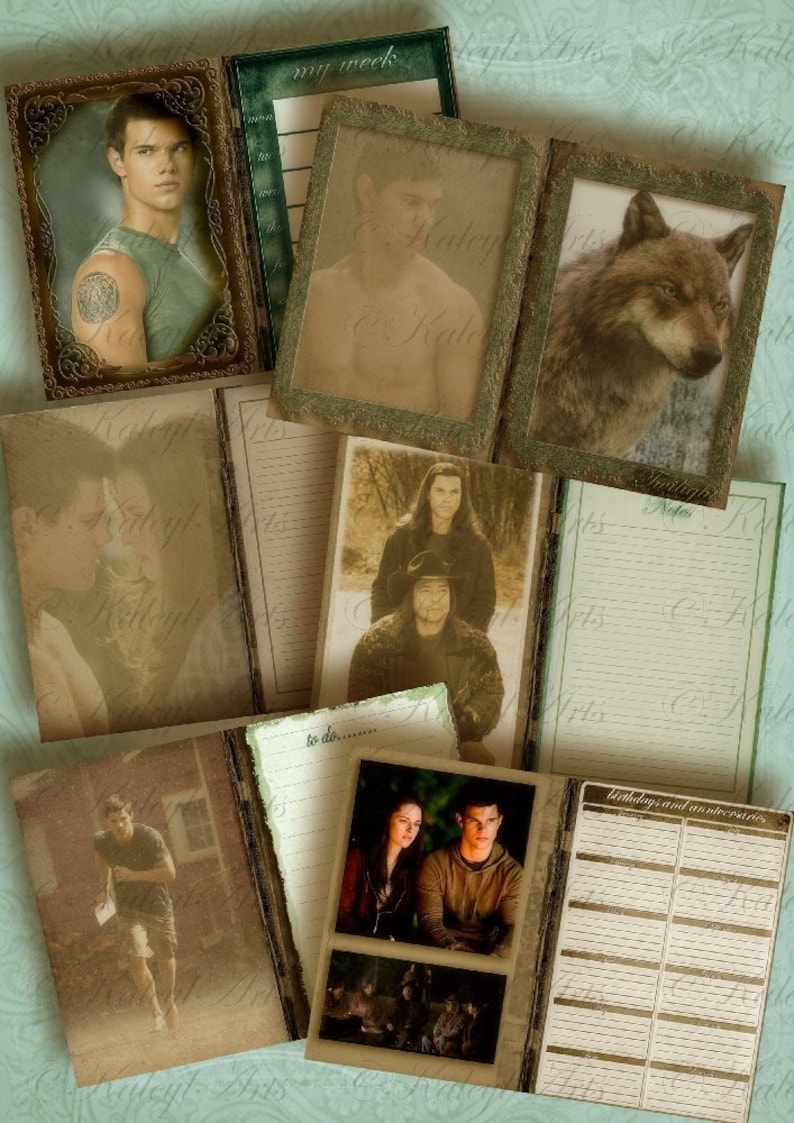 May include: A set of vintage-style journals with brown paper covers and decorative edges. The journals feature images of a wolf, a man, and a couple. The journals have lined pages for writing and sections for notes, to-do lists, and birthdays.