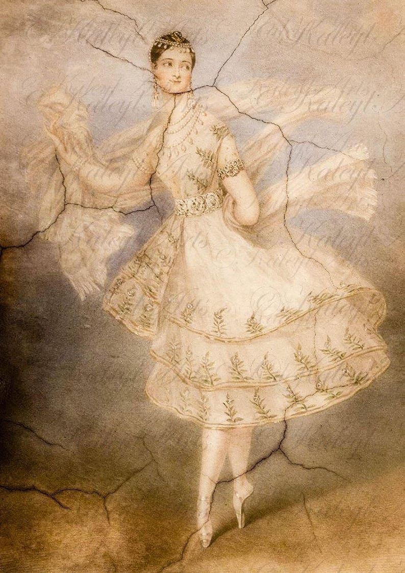 Pode incluir: Uma pintura em aquarela de uma mulher com um vestido branco com um padr&atilde;o floral. Ela est&aacute; usando uma coroa e um colar. O fundo &eacute; azul claro com rachaduras.