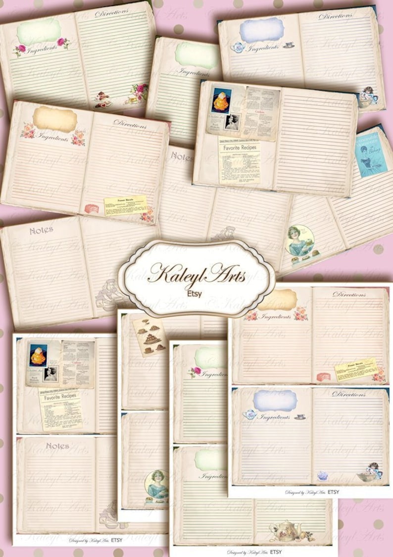 May include: Printable vintage-style recipe journal pages with lined spaces for ingredients, directions, and notes. The pages feature a distressed, aged look with floral accents and images of teacups and cakes.