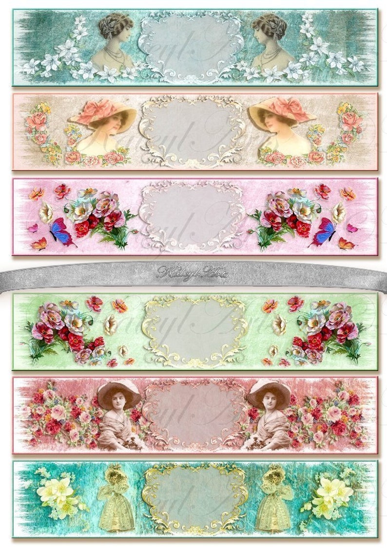 Banderole, wrapper, cosmetics, soap, wrapping, scrapbook, banner, pastel, 18x4cm, 7 x 1.5 inch, vintage, shabby chic,victorian DIY,printable image 1