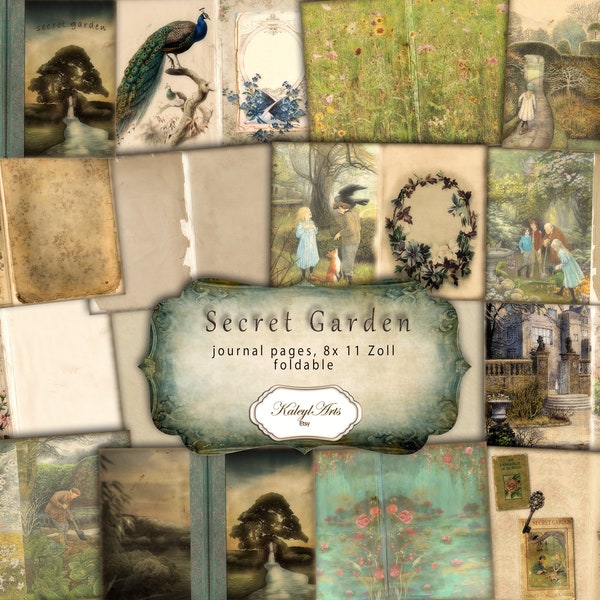 secret garden, printable, travel notebook, journal, junk journal, diary, with embellishments, pockets, bookmarks, labels, vintage,KaleylArts