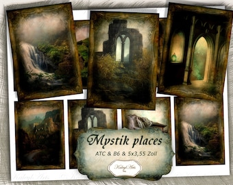 lugares mágicos, místicos, para impressão, imagens digitais, misterioso, B6, outros formatos, álbum de recortes, confecção de cartões, diário, encantado, Halloween