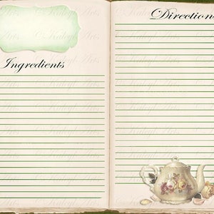 May include: An open vintage recipe book with lined pages for writing down ingredients and directions. The book has a green cover and a decorative teapot illustration on the right page.