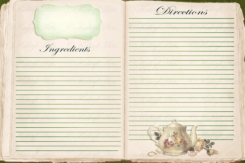May include: An open vintage recipe book with lined pages for writing down ingredients and directions. The book has a green cover and a decorative teapot illustration on the right page.