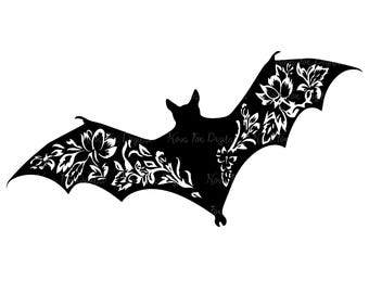 Floral Bat Clipart Silhouette (SVG, PNG, JPG Digital Download)