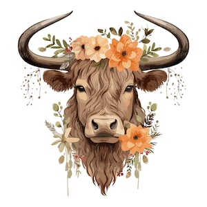 Floral Highland Cattle Bull PNG, SVG, JPG digitaler Download - ideal für Sublimation Design - Highland Furry Bull mit Pfirsich Orange Blumen