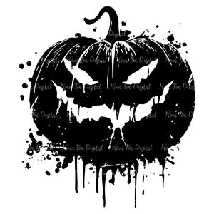 Könnte beinhalten: Schwarz-weiße Halloween-Grafik einer geschnitzten Kürbisfratze. Der Kürbis hat einen tropfenden Farbeffekt und der Text "Nova Fox Digital" wiederholt sich um das Bild.