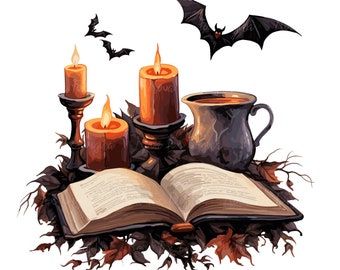 Halloween PNG, SVG, JPG Digital Download - Great for Sublimation Design - Gothic Halloween Decor Bats, Candles, Spell Book, & Fall Leaves
