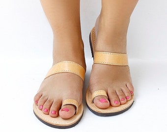 Handmade Natural Brown Leather Sandals, Rubber Sole