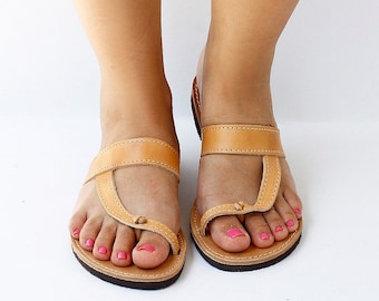 Women Natural Tanned Leather Sandals, Greek Sandals, Leather Straps, Flat Sole