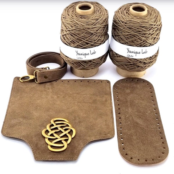 DIY crochet bag kit in dark beige suede leather with a stylish metal decorative buckle, crochet, knitting kit, diy project, purse making