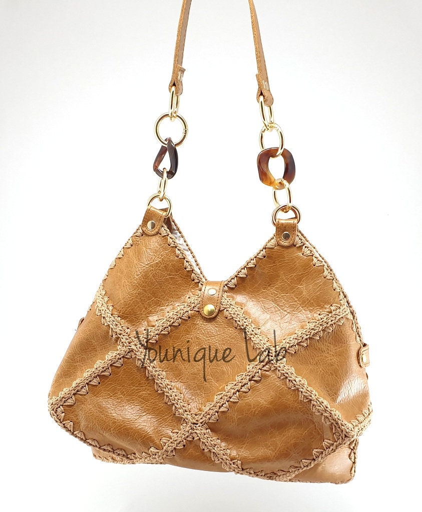 DIY full leather crochet bag kit in natural beige genuine leather,crochet, knitting kit, diy project, purse making, handmade bag
