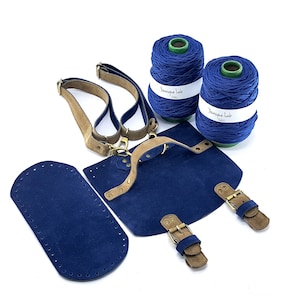 DIY Crochet Backpack Kit, Blue Suede Leather Bag, Handmade Purse Making