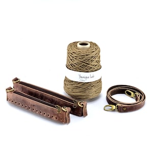 Zipper crochet bag kit in waxed brown leather, crochet, knitting kit, diy project, crochet bag, purse making