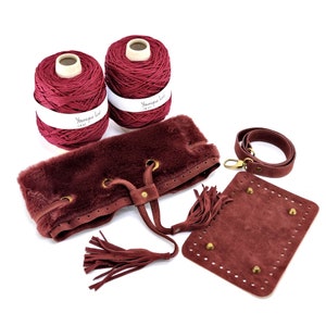 Fur Pouch crochet bag kit in bordeaux suede leather, crocheting bag, knitting bags, DIY leather bags.