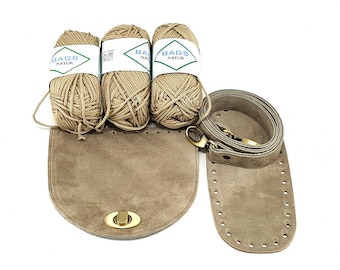 DIY Full kit of small bag in beige suede leather (S3), crochet, knitting kit, diy project, crochet bag, purse making