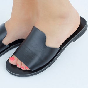 Women Black Leather sandals, Women Greek leather sandals
