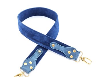 Blue Suede Leather Bag Strap, Waxed Leather Accents, Replacement Handle