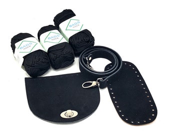 DIY Full kit of small bag in black suede leather (S1), crochet, knitting kit, diy project, crochet bag, purse making