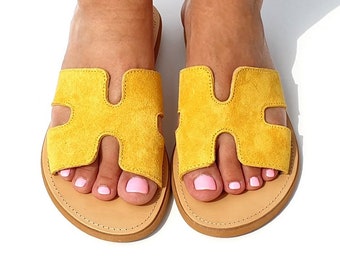 Women Natural yellow suede Leather sandals, Women Greek leather sandals