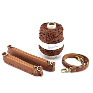 Zipper crochet bag kit in tambac/brown leather, crochet, knitting kit, diy project, crochet bag, purse making