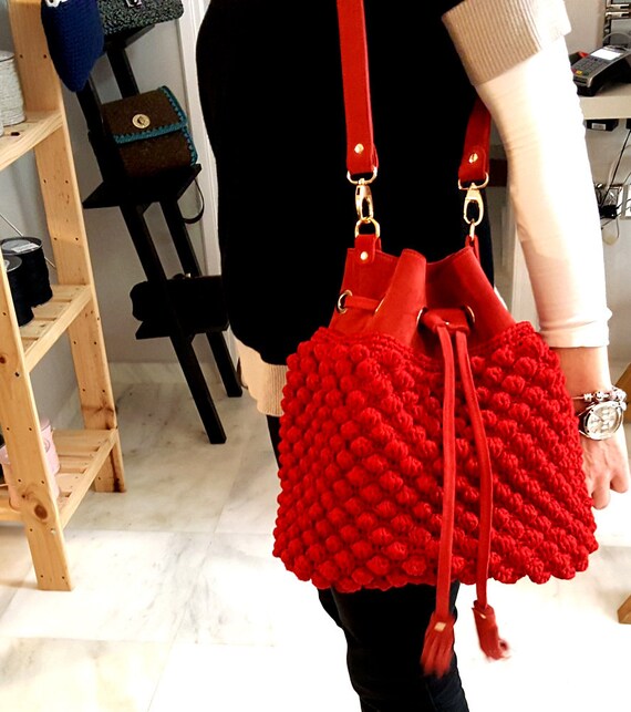 Pouch Crochet Bag Kit in Red Suede Leather, Crocheting Bag, Knitting Bags,  DIY Leather Bags. 