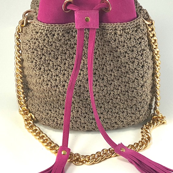 Fur Pouch Crochet Bag Kit in Bordeaux Suede Leather, Crocheting