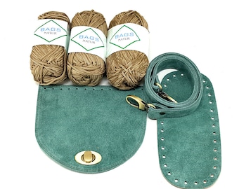 DIY Full kit of small bag in sage suede leather (S11), crochet, knitting kit, diy project, crochet bag, purse making