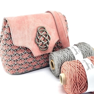 DIY crochet bag kit in pink suede leather with a stylish metal decorative buckle, crochet, knitting kit, diy project, purse making