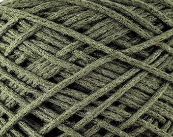 May include: A close-up of a ball of dark green yarn. The yarn is made of natural fibers and has a soft, textured surface.