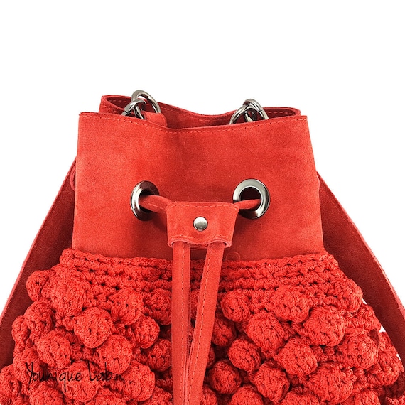 Pouch Crochet Bag Kit in Red Suede Leather, Crocheting Bag, Knitting Bags,  DIY Leather Bags. 