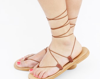 Lace Leather Sandals in brown leather, Tie Up Sandals, Traditional Greek Gladiator Sandal, Knee High Sandals