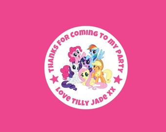 48 Round 40mm Personalised My Little Pony Birthday Party Thank you Labels Seals Stickers for Sweet Bags Cones Favours Any Wording Occasion