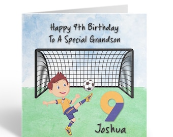 May include: A birthday card featuring a cartoon boy kicking a football into a goal. The card has a blue and white watercolour background with green grass. The number 9 is in the corner of the card with the name Joshua below it. The text on the card reads "Happy 9th Birthday To A Special Grandson".