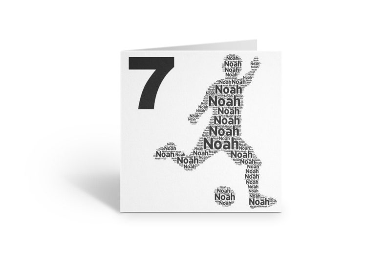 May include: A white card with a black number 7 and a black silhouette of a soccer player made of the word "Noah" repeated many times. The player is kicking a soccer ball that is also made of the word "Noah".