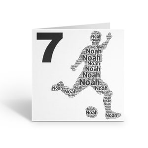 May include: A white card with a black number 7 and a black silhouette of a soccer player made of the word "Noah" repeated many times.