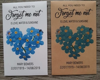 50 Personalised In Loving Memory Funeral Memorial Remembrance Forget Me Not Flower Seed Packets Envelopes Seeds Favours Keepsake Birds Bees