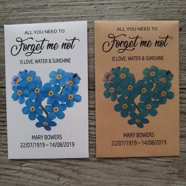 30 Personalised In Loving Memory Funeral Memorial Remembrance Forget Me Not Flower Seed Packets Envelopes Seeds Favours Keepsake Birds Bees