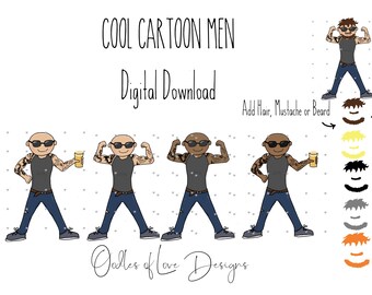 Cartoon Tattoo'd Men, Cool Blokes, Cool Dad, beard Digital Download, Sublimation Designs