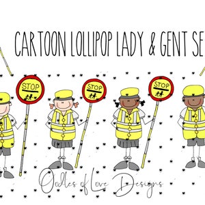 Funny cartoon Lollipop lady and Gent Clipart Set, Crosswalk Attendant, School Crossing Patrol, Digital Download
