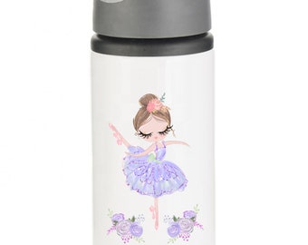 May include: White aluminum water bottle with a gray lid and handle. The bottle features a purple ballerina with a pink flower crown and a floral design. The name "Emily" is printed in purple below the ballerina.
