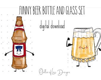 Cute beer Bottle and Glass Set, funny beer clipart set, digital download, Mix and Match with other Bottles and Glasses