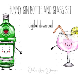 Süße Gin Flasche und Glas, lustiges GIN Clipart Set, digitaler Download, Mix and Match mit anderen Flaschen und Gläsern