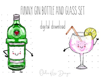 Cute Gin Bottle and Glass, funny GIN clipart set, digital download, Mix and Match with other Bottles and Glasses