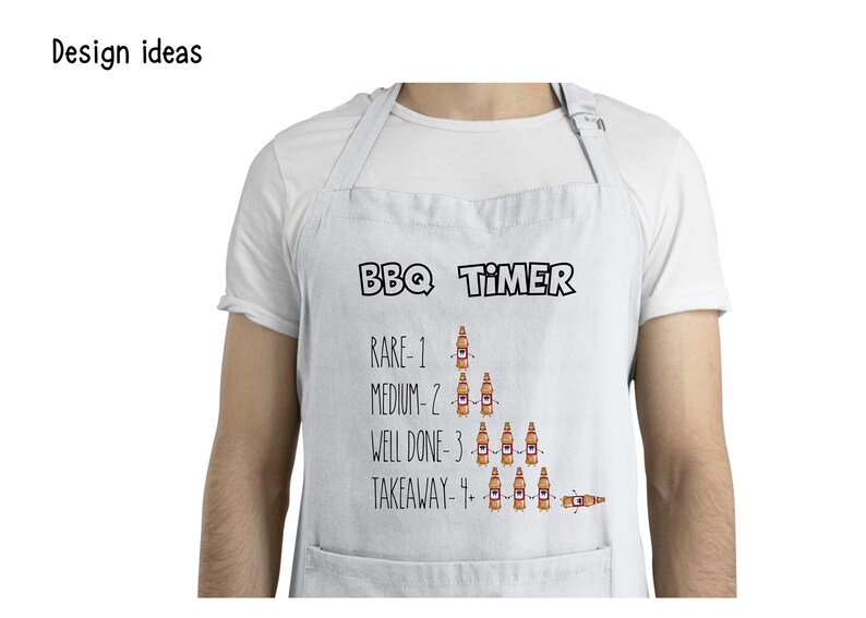 May include: White apron with a black and white graphic of a BBQ timer. The timer is a series of beer bottles with the text "RARE-1", "MEDIUM-2", "WELL DONE-3", and "TAKEAWAY-4".