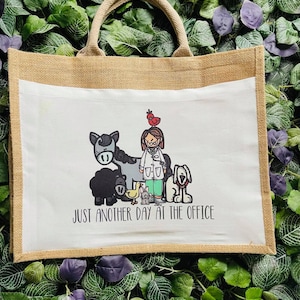 Bolsa de yute para veterinario, bolsa para asistente veterinario, bolsa para técnico veterinario, bolsa para almuerzo, 3 tamaños disponibles, usted elige el lindo personaje de dibujos animados