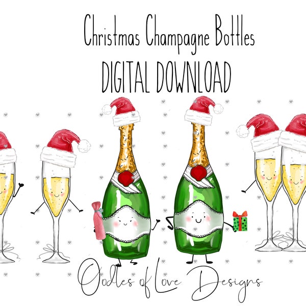 Cute Santa Champagne / Prosecco Bottles and Glasses, Christmas booze clipart set, digital download, Mix and Match