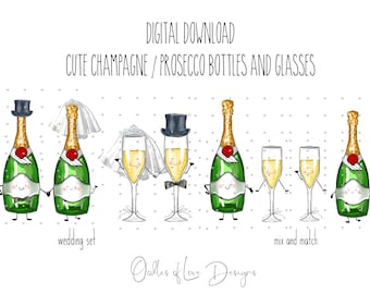 Cute Champagne / Prosecco Bottles and Glasses, Wedding Bottles and Glasses clipart set, digital download, Mix and Match