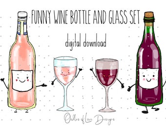 Cute Wine Bottle and Glass Set, funny wine clipart set, digital download, Mix and Match with other Bottles and Glasses