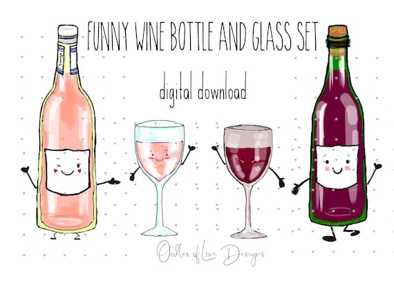 Cute Wine Bottle and Glass Set Funny Wine Clipart Set | Etsy UK